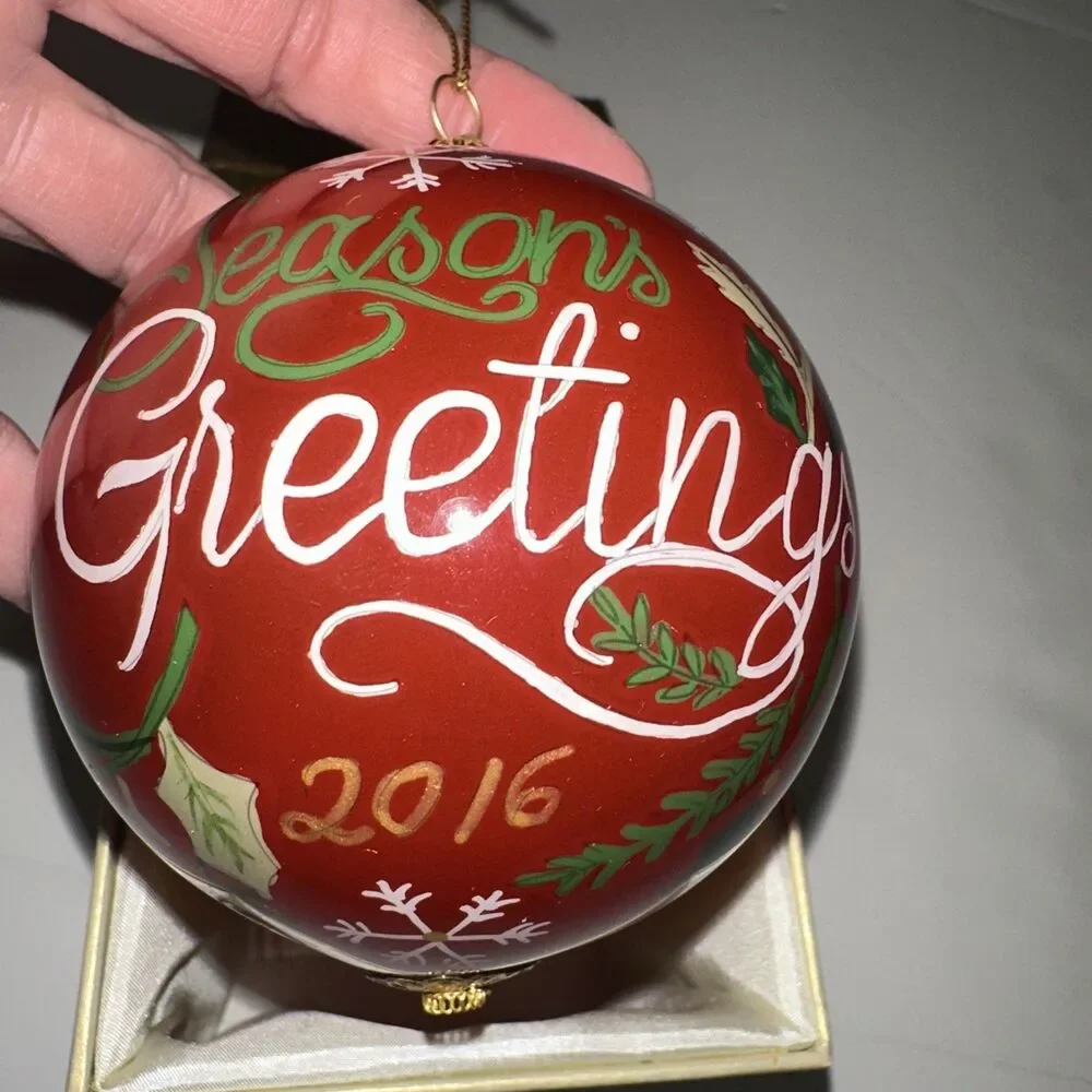 2016 Pier One Li Bien Ornament Seasons Greetings Hand Painted Glass Reindeer